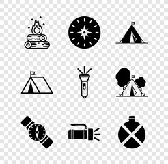 Set Campfire, Compass, Tourist tent with flag, Flashlight, Canteen water bottle, and icon. Vector