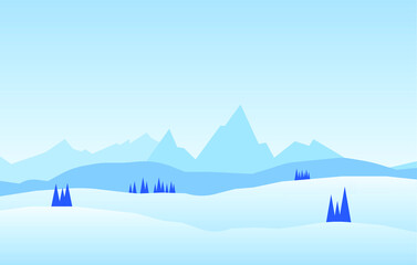 Vector illustration: Winter snowy flat cartoon mountains landscape with road, hills and pines. Christmas background.
