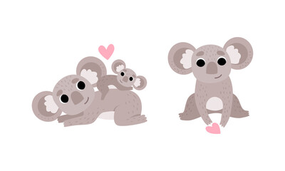 Cute Gray Koala Bear with Baby Animal and Heart Vector Set