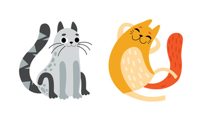 Cute Bright Whiskered Cat as Furry Domestic Pet Vector Set