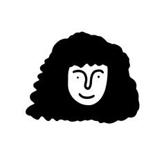 Doodle girls face. Hand-drawn outline human isolated on white background. Funny minimalistic Avatar. Cartoon curly woman. Female portrait. Beautiful hairstyle, positive emotions. Vector illustration