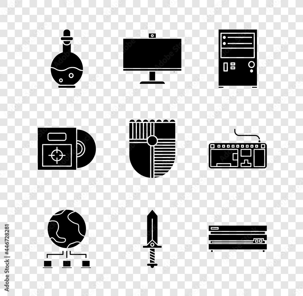 Poster set bottle with magic elixir, computer monitor, network, sword for game, video console, cd dvd disk 