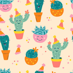 Cute seamless pattern with cactus. Cartoon Cacti in festive hats. Background for  holiday, birthday party. Funny homemade flowers with muzzles and caps. For fabric, wrapping, textile, wallpaper.Vector