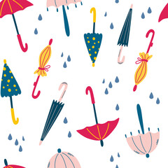 Seamless pattern with umbrellas and raindrops. Fashionable clothes in bad weather. Scandinavian style background. Decorative wallpaper or pack paper, good for printing. Vector illustration
