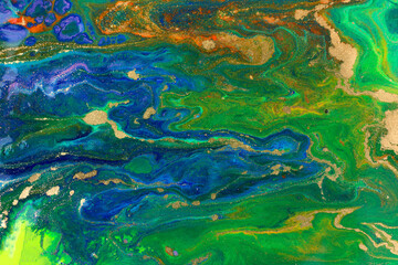 Naklejka na ściany i meble Marble blue and green abstract background. Navy liquid pattern with gold dust.
