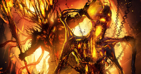 A fiery necromancer demon with fiery horns raises a suffering sinner from flesh and fire, he suffers trying to escape, against the background of a hellish city. 2d illustration