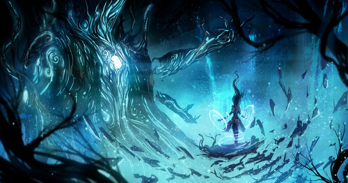 A female sorceress levitates in a glowing cave opposite a huge multi-armed alien lord, his body consists of light and roots, fireflies fly around and blue shimmering waterfalls flow. 2d illustration