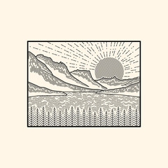 illustration of sunset in st. lake mary in montana glacier national in mono line style for badges, emblems, patches, t-shirts, etc.