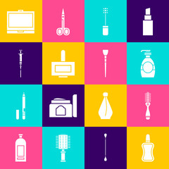 Set Nail polish bottle, Hairbrush, Bottle of liquid soap, Mascara, Syringe, Makeup powder with mirror and icon. Vector