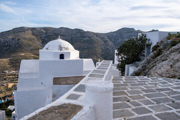 Serifos island, Cyclades Greece. Church orthodox on rocky mountain background.
