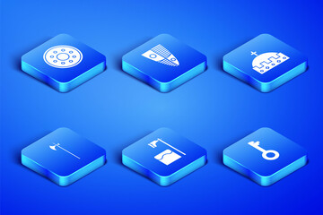 Set Old key, Round wooden shield, Executioner axe in tree block, Medieval halberd, Shield and King crown icon. Vector