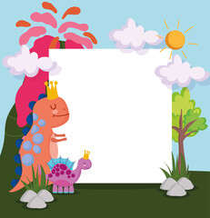 cute dinosaurs and blank sign