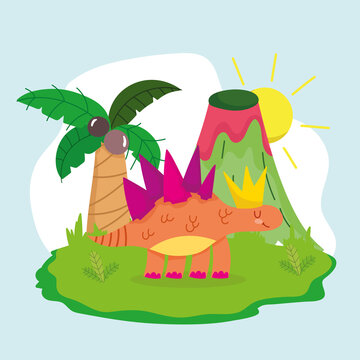 cute dinosaur and volcano
