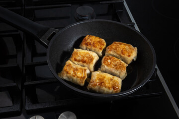 Few stuffed cabbage rolls fried on frying pan