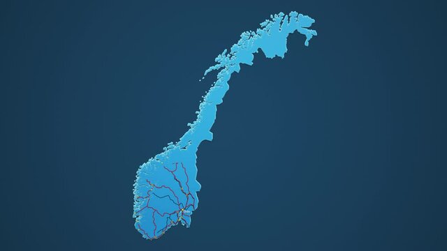 Light blue map of Norway with cities, roads and railways on a dark blue background. 4K Animation with alpha channel