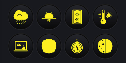 Set Weather forecast, Meteorology thermometer, Moon, Compass, Sunset, Eclipse of sun and Cloud with rain icon. Vector