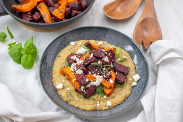 healthy plant-based food, vegan roasted veggies with polenta dish