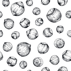 Seamless pattern with hazelnuts. Hand-drawn sketches of nuts. Vintage style engraving