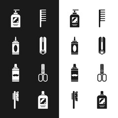 Set Curling iron for hair, Bottle of shampoo, Hairbrush, Shaving gel foam, Scissors hairdresser, and icon. Vector