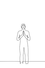 man stands with his hands folded vertically, palms facing each other - one line drawing. concept of a benevolent greeting in many cultures, prayer, meditation