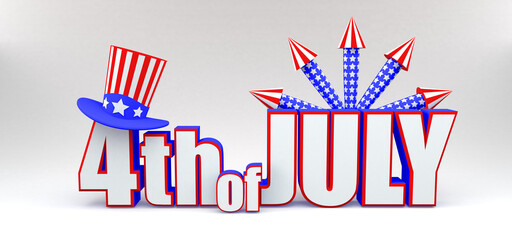 3D illustration of the text 4th of July with American Stars and Stripes hat and fireworks to celebrate Independence Day.