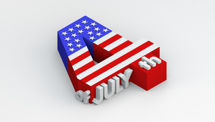 3D illustration of the text 4th of July in the colors of the American flag with stars and stripes to celebrate Independence Day. Isometric perspective.