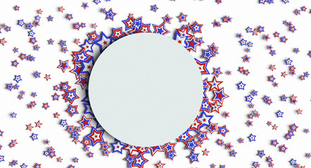 Abstract stars background with the colors of the American flag, stars and stripes with circle to display text or advertising. July 4, independence day. 3D illustration.