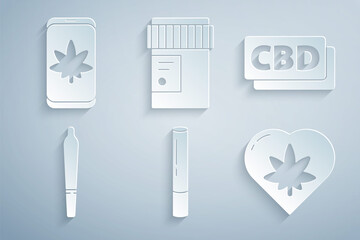 Set Marijuana joint, Cannabis molecule, leaf heart, Medical bottle with cannabis and Mobile and marijuana or icon. Vector