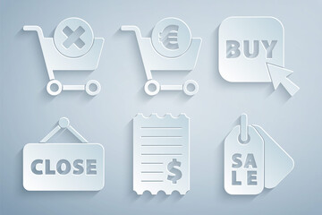 Set Paper check and financial check, Buy button, Hanging sign with Closed, Price tag Sale, Shopping cart euro and Remove shopping icon. Vector