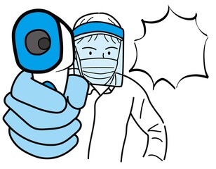 男性06_01（手描き・上半身・医療・非接触型の体温計で検温をする男性・吹き出し）