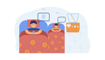 Brothers play cellphones before sleeping in the room