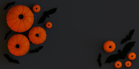 Pumpkins with bats on black background. Halloween banner. 3d illustration. Flat lay.