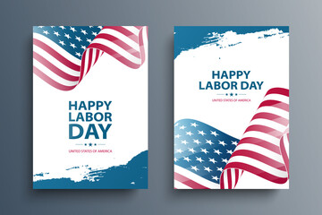 Labor day. United States Happy Labor Day celebrate posters set with waving american national flag and brush strokes. USA national holiday greeting cards. Vector illustration.