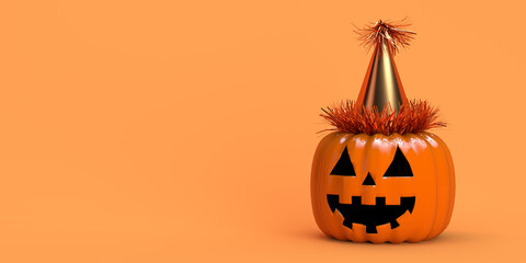 Halloween pumpkin with party hat. Banner. Background. 3d illustration.