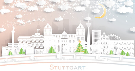 Stuttgart Germany City Skyline in Paper Cut Style with Snowflakes, Moon and Neon Garland.