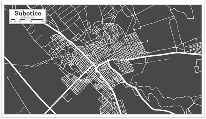 Subotica Serbia City Map in Black and White Color in Retro Style.