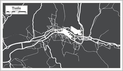 Tuzla Bosnia and Herzegovina City Map in Black and White Color in Retro Style.
