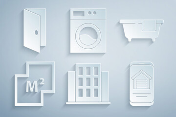 Set House, Bathtub, plan, Online real estate house, Washer and Closed door icon. Vector