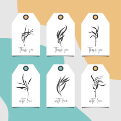 Set of gift tag template with black branch silhouette and thank you and with love phrase.