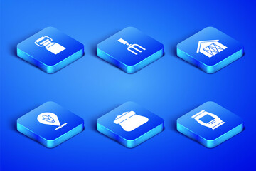 Set Fertilizer bag, Can container for milk, Full sack, Location corn, Garden rake and Farm house icon. Vector