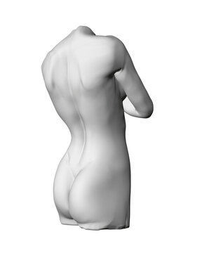 Body bust of a girl without head and legs isolated on white background. The girl covers her chest with her hand. 3D. Back view. Vector illustration