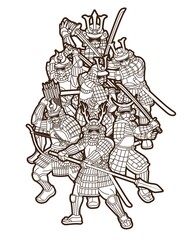 Samurai Warrior with Weapons Group of Ronin Japanese Fighter Cartoon Graphic Vector