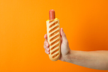 Concept of tasty food with french hot dog