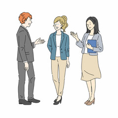 立ち話をする男女、グローバル、ビジネスシーン、チーム、会話、打ち合わせ