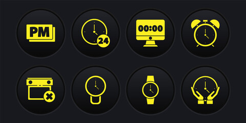 Set Calendar date delete, Alarm clock, Clock, Wrist watch, on monitor, 24 hours, and PM icon. Vector
