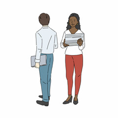 立ち話をする男女、グローバル、ビジネスシーン、チーム、会話、打ち合わせ