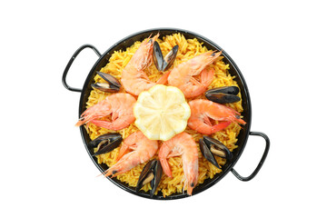 Delicious Spanish Paella isolated on white background