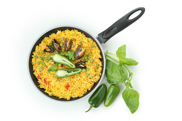 Delicious Spanish Paella isolated on white background