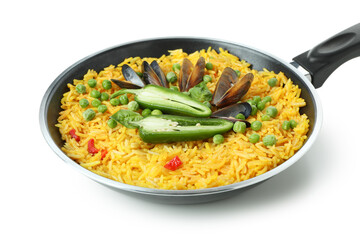 Delicious Spanish Paella isolated on white background