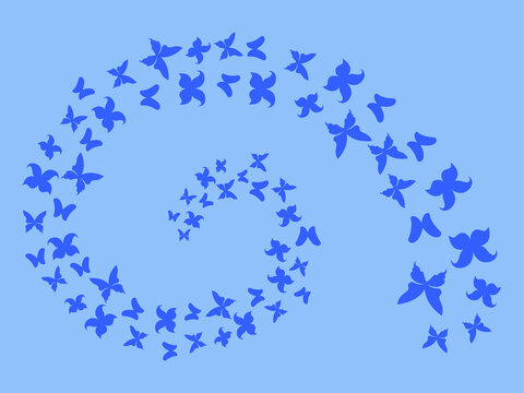 Spiral of flying butterflies on a blue